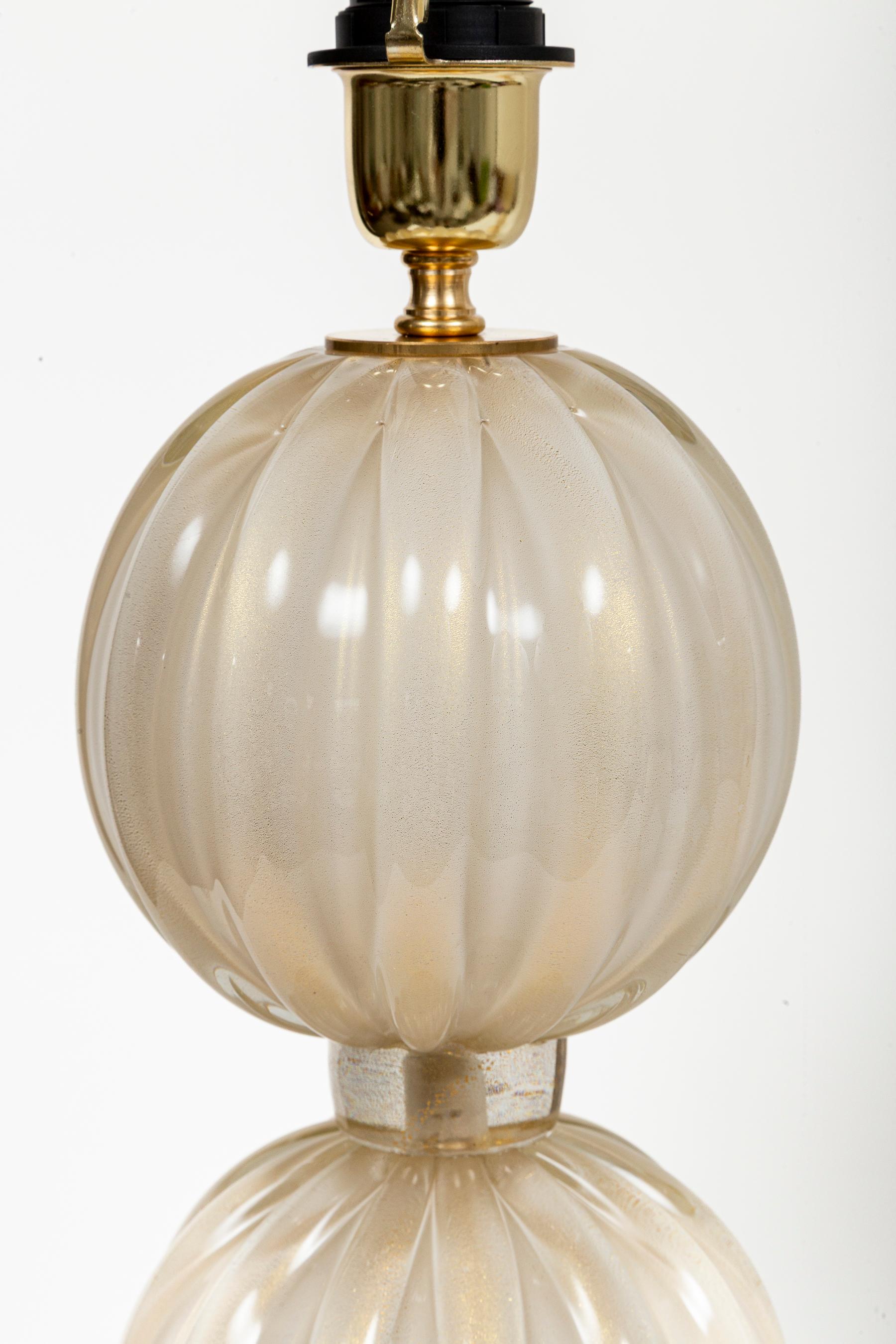 Art Deco Pair of Murano Blown White Gold Reeded ‘Balonton’ Lamps For Sale