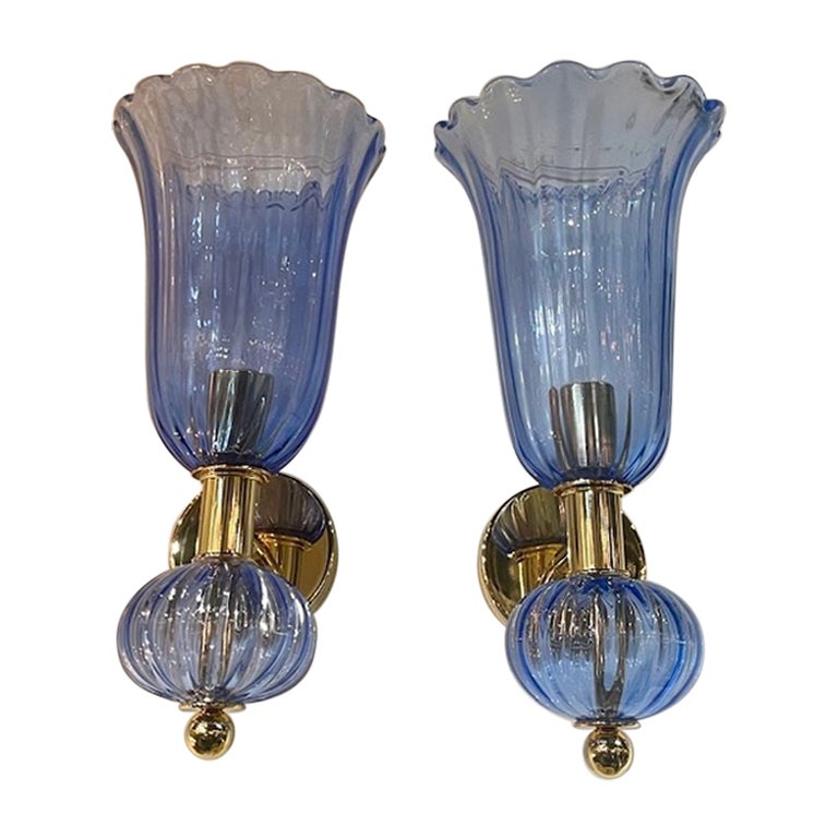 Pair of Murano Blue Glass and Brass Sconces
