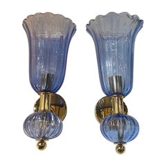 Pair of Murano Blue Glass and Brass Sconces