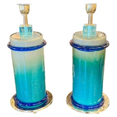 Pair of Murano Blue Glass Column Lamps