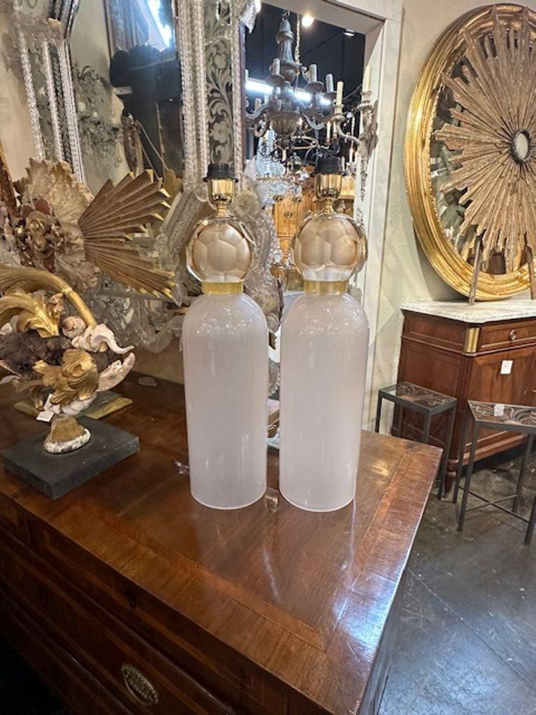 Great pair of modern Murano blush glass vase and ball form lamps. circa 2000. These are wired and ready to go.