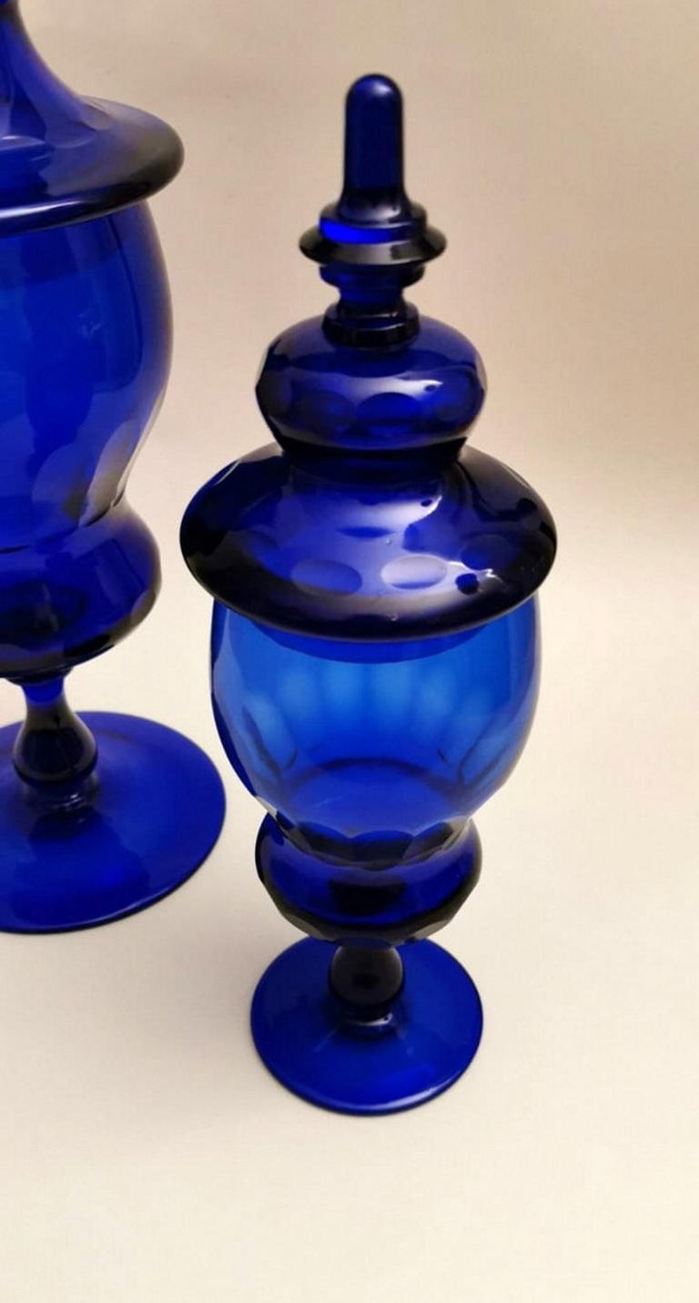 Pair of Murano Bottles with Lid 'Albarelli' Blue Blown Glass, Mid20th