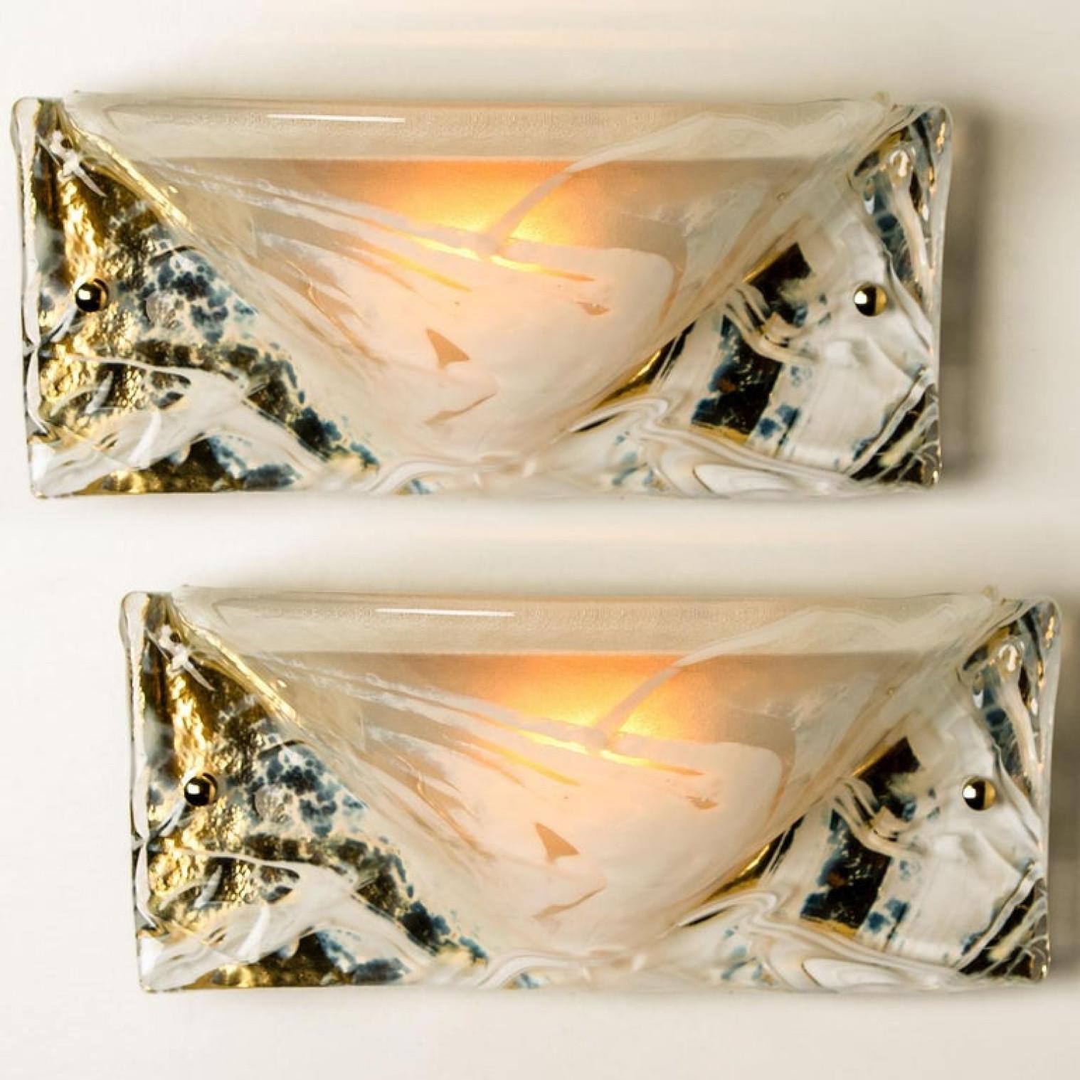 Mid-Century Modern Pair of Murano Brass and Glass Wall Lights, Hillebrand, 1975 For Sale
