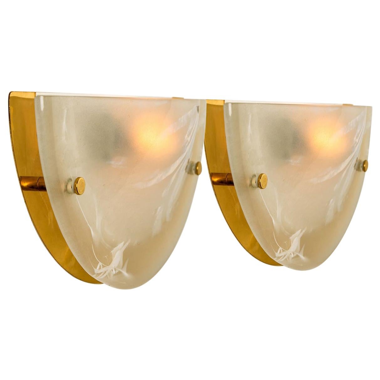 Pair of Murano Brass and Glass Wall Lights, Hillebrand, 1975