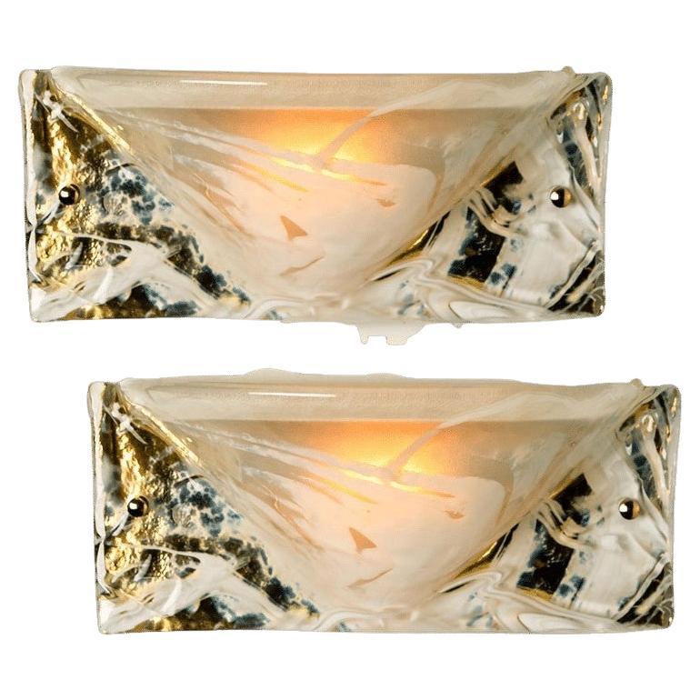 Pair of Murano Brass and Glass Wall Lights, Hillebrand, 1975