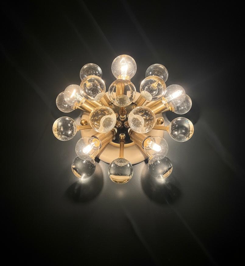 Pair of Murano brass sputnik wall sconces / ceiling lights For Sale 2