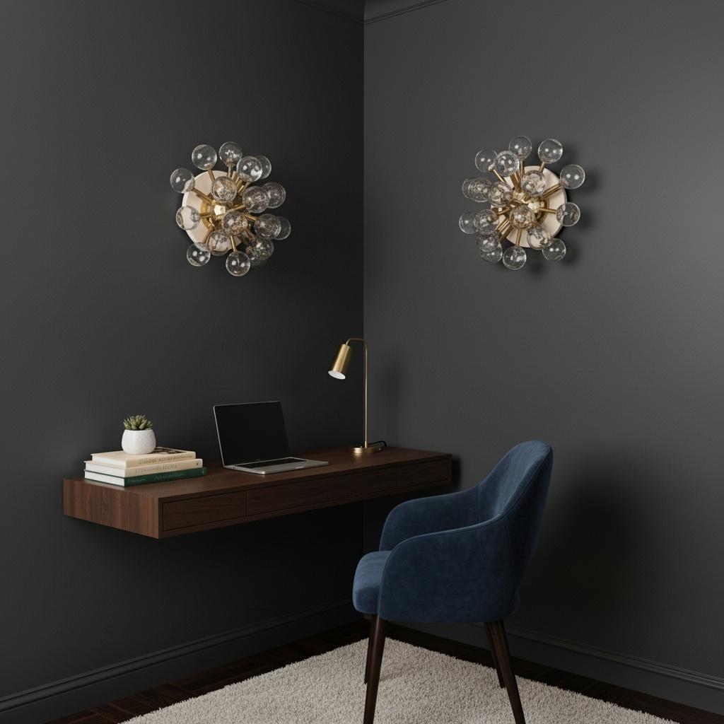 A pair of lighting fixtures, which can be either a wall lamp or a ceiling light, given their configuration; they feature a Sputnik/Mid-Century Modern design, characterized by a futuristic, ray-like aesthetic.
Comprising a central circular structure