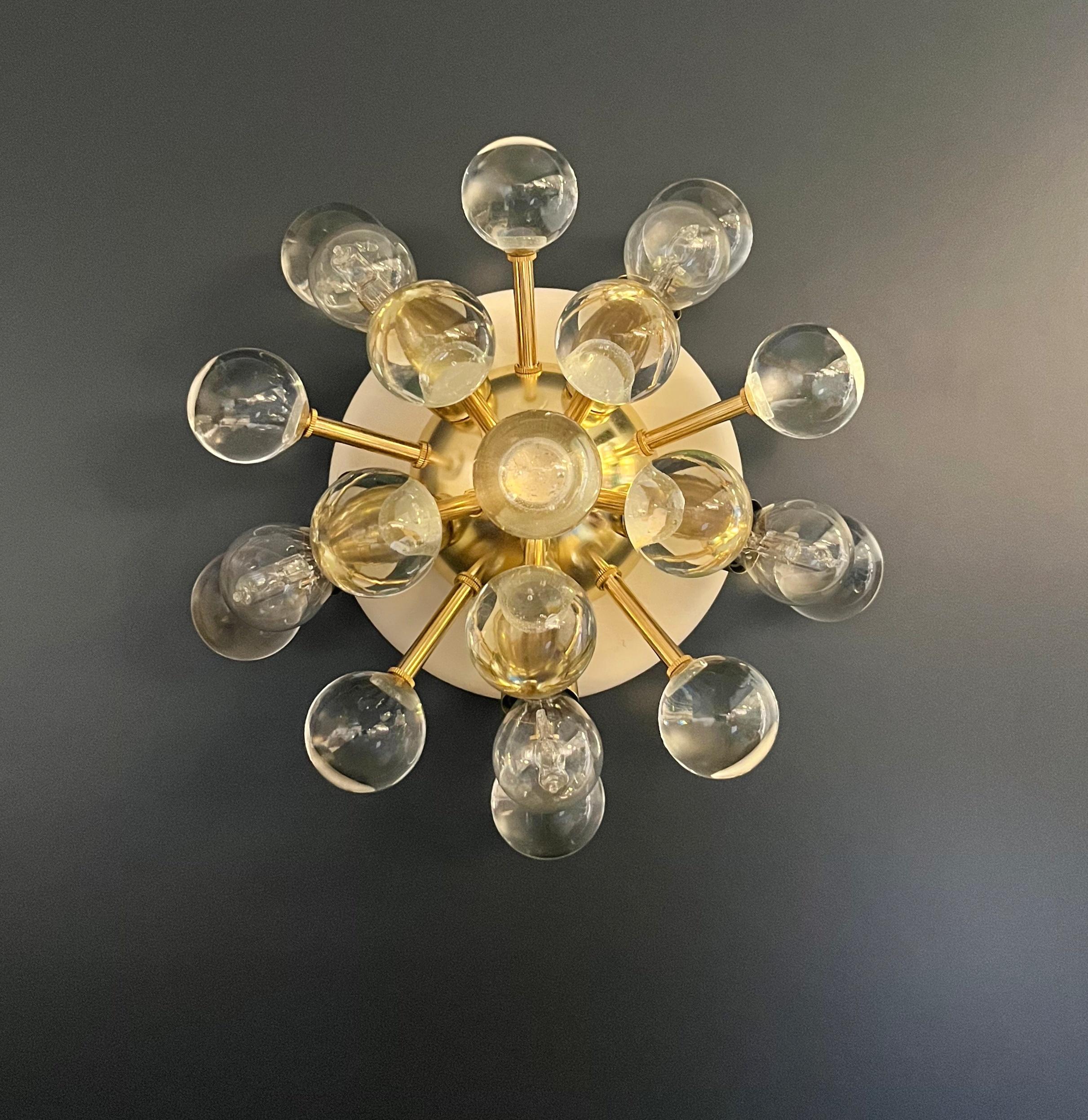 Mid-Century Modern Pair of Murano brass sputnik wall sconces / ceiling lights For Sale