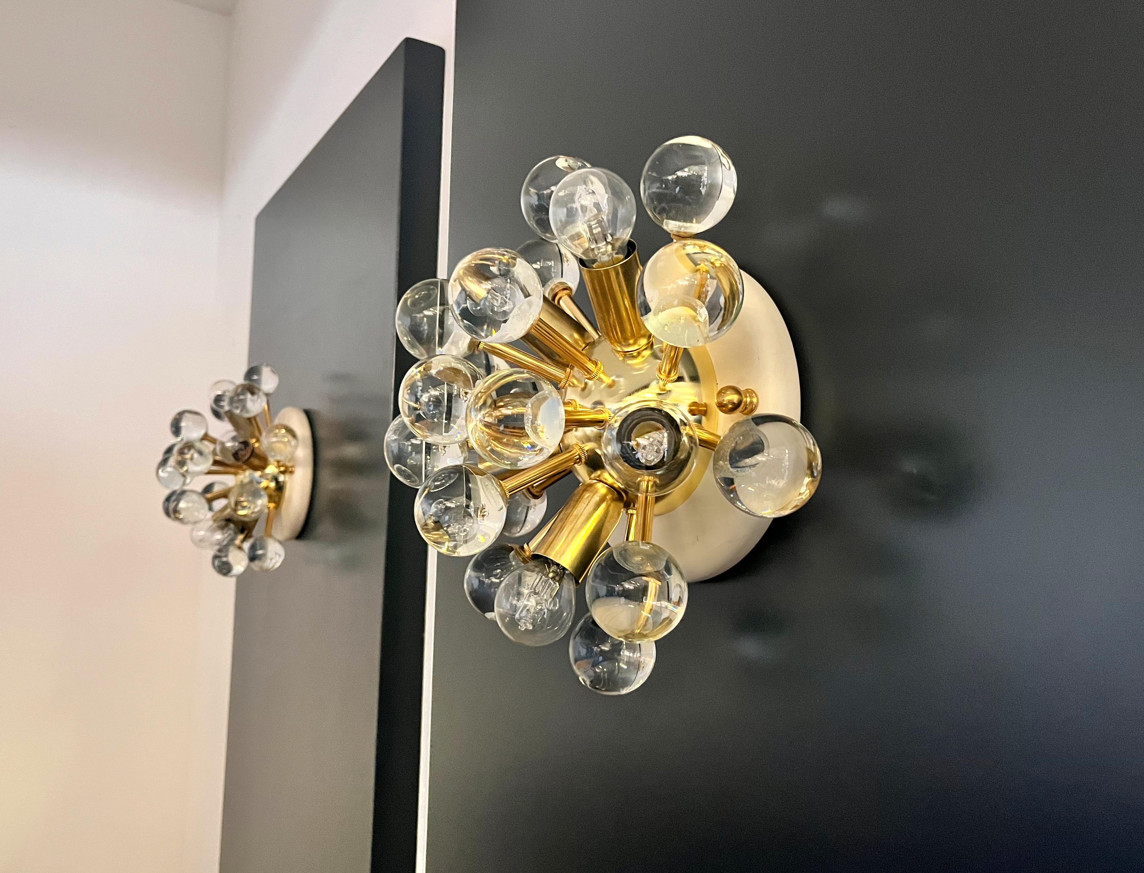 20th Century Pair of Murano brass sputnik wall sconces / ceiling lights For Sale