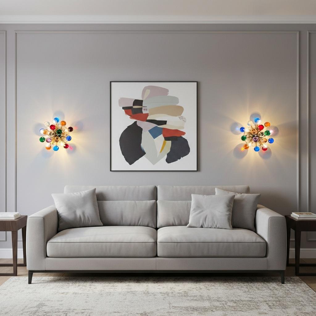 Paire d'appliques / plafonniers spoutniks en laiton de Murano -verres multicolores en vente 2