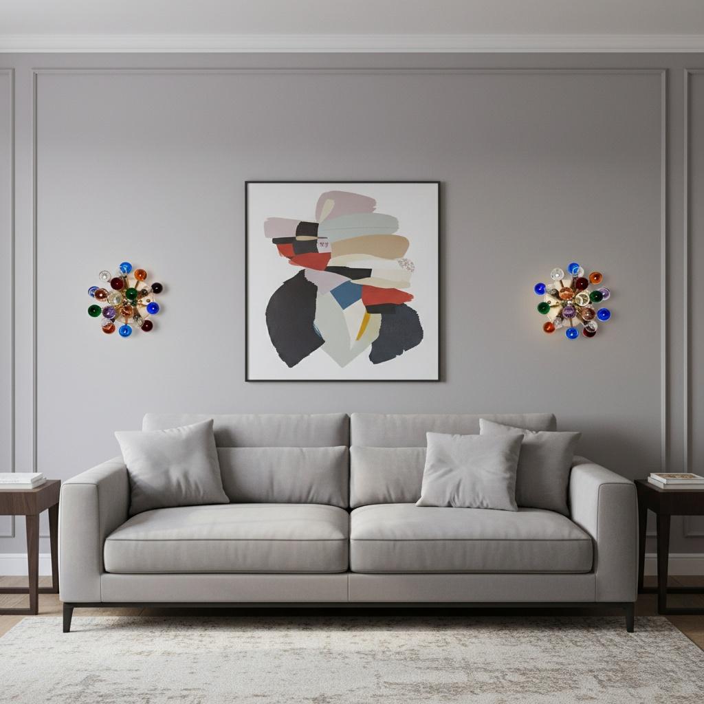 Paire de luminaires, qui peuvent être soit une lampe murale, soit un plafonnier, selon leur configuration ; ils présentent un design Spoutnik/moderne du milieu du siècle, caractérisé par une esthétique futuriste en forme de rayon.
Elle se compose