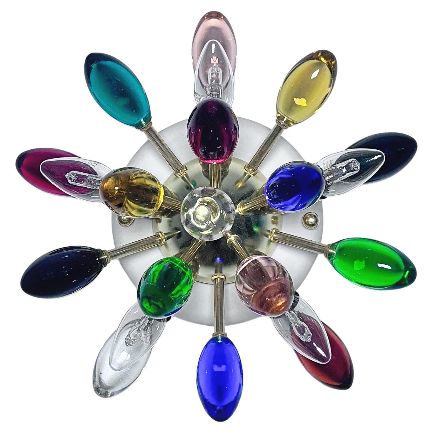 Pair of Murano brass sputnik wall sconces / ceiling lights -multicolored glasses For Sale
