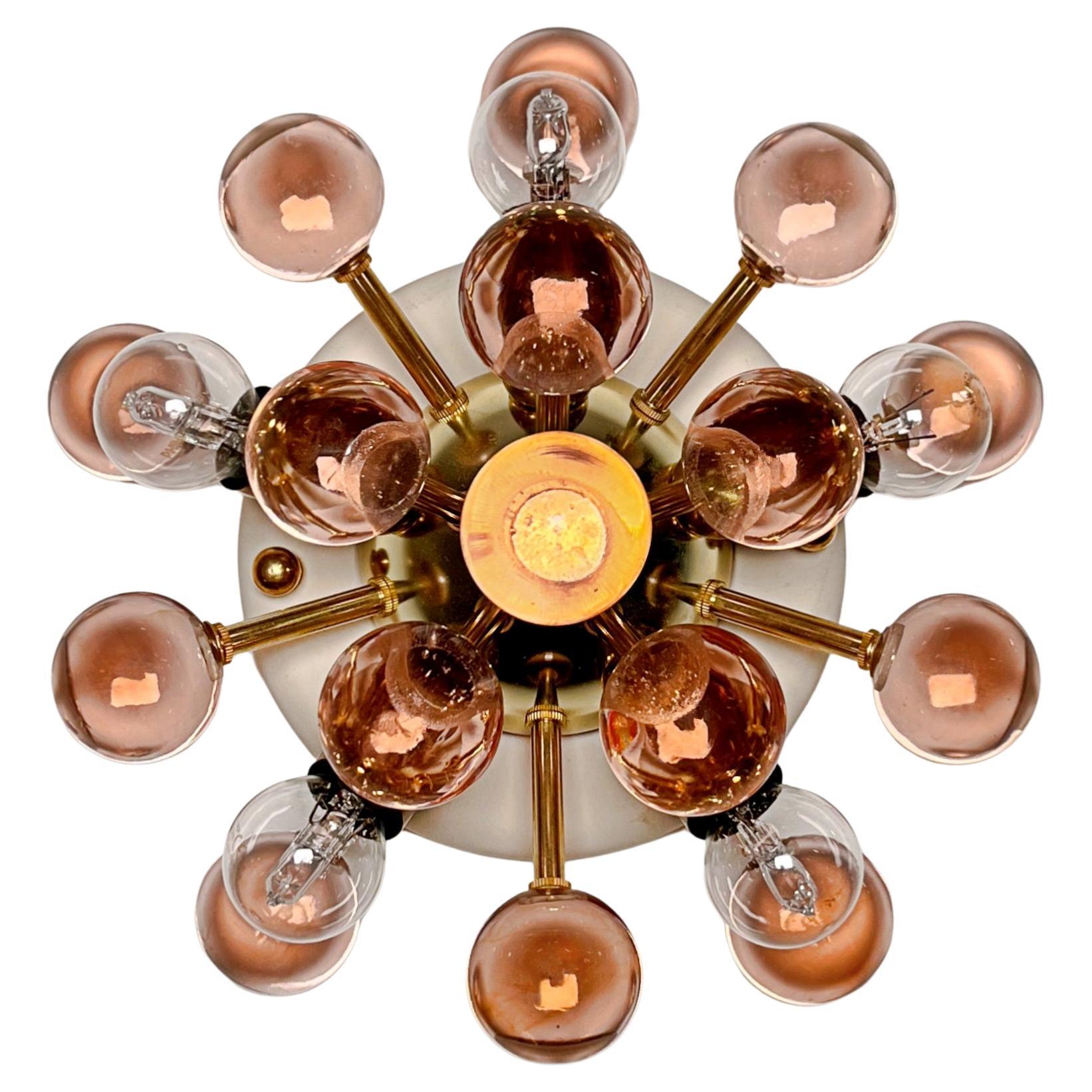 Pair of Murano brass sputnik wall sconces / ceiling lights - pink glasses