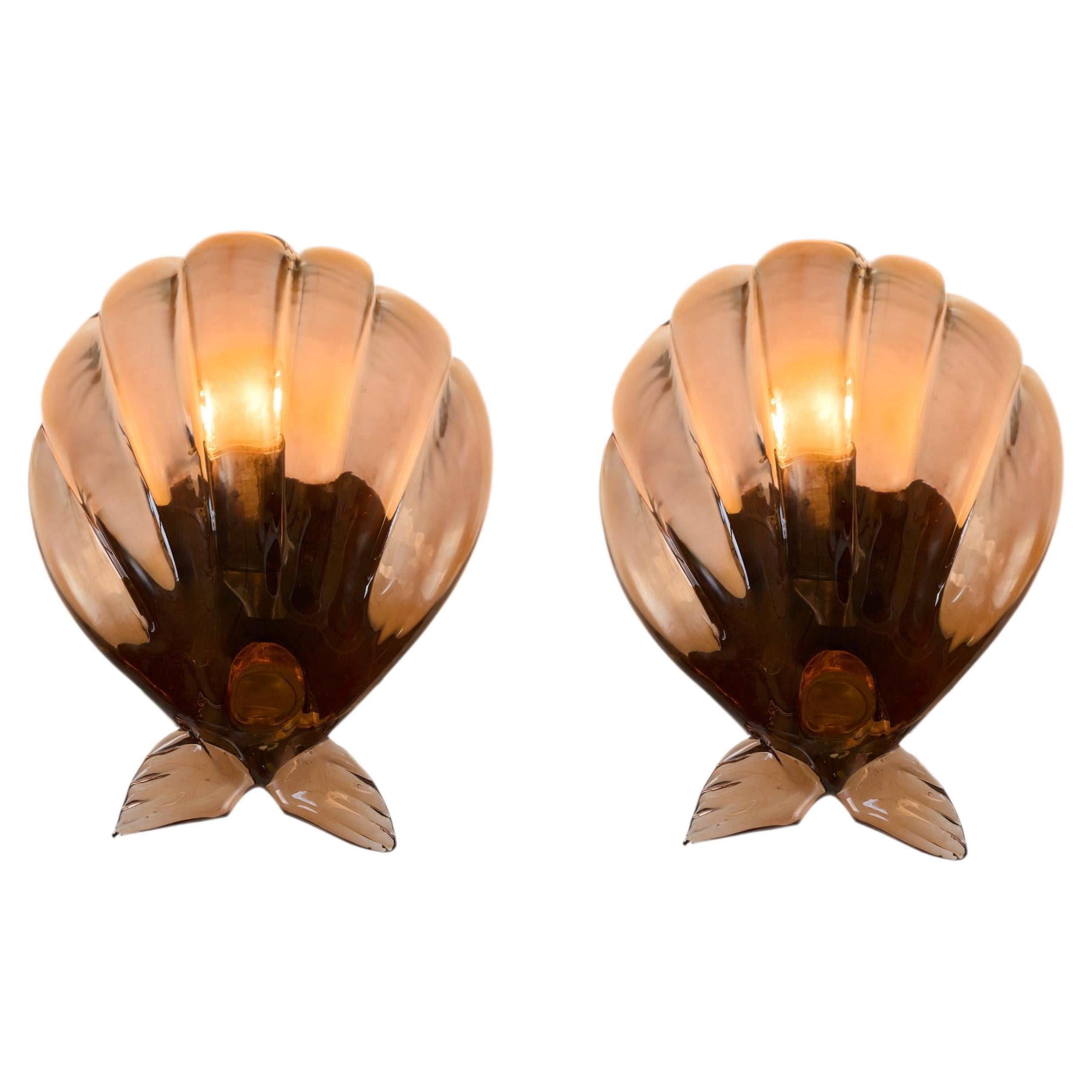 Pair of Murano bronze glass scallop shell wall lights For Sale