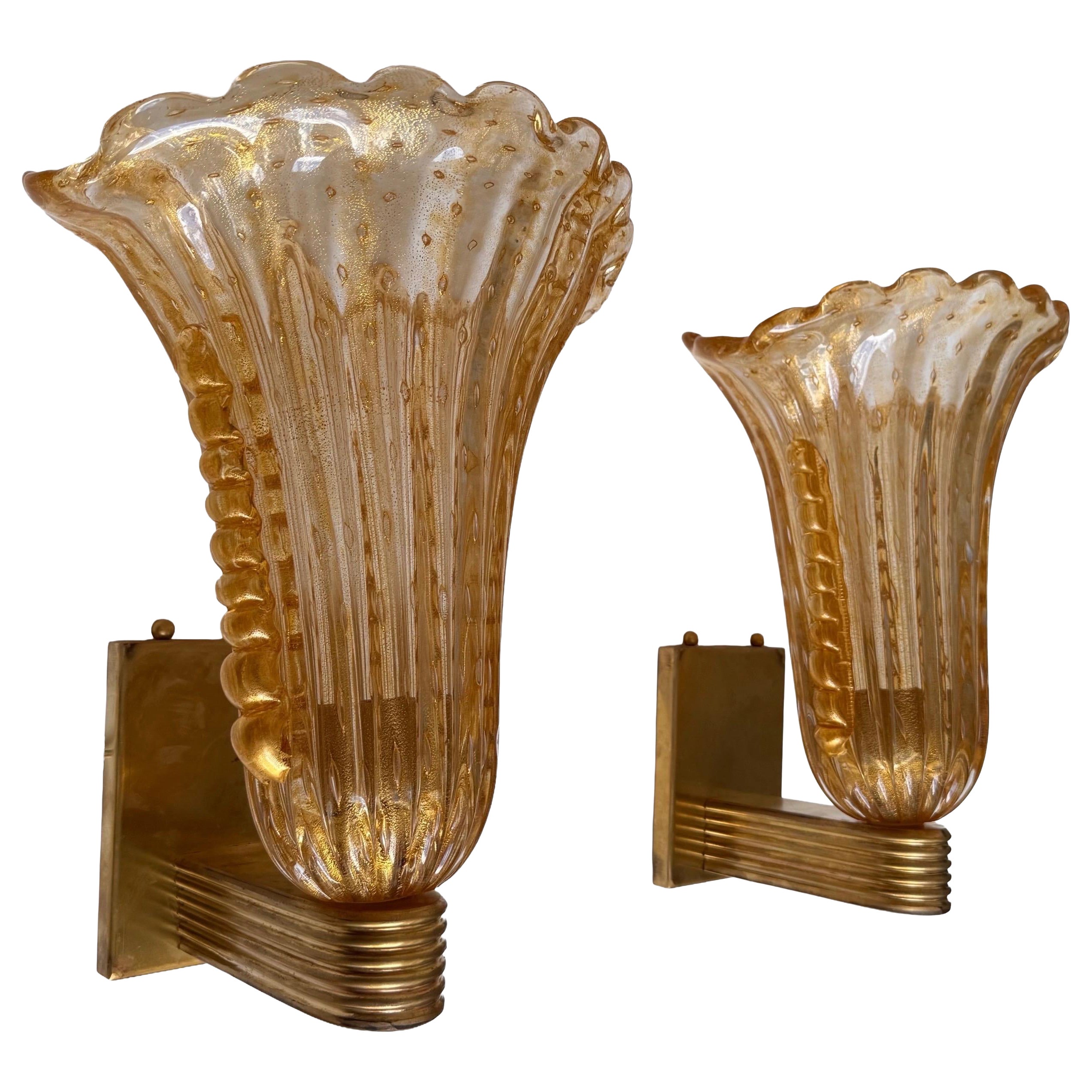 Pair of Murano Bullicante Murano Glass and Brass Wall Sconces