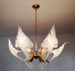 Pair of Murano Calla Lily Chandelier by Franco Luce, Art Glass and Gilt Brass