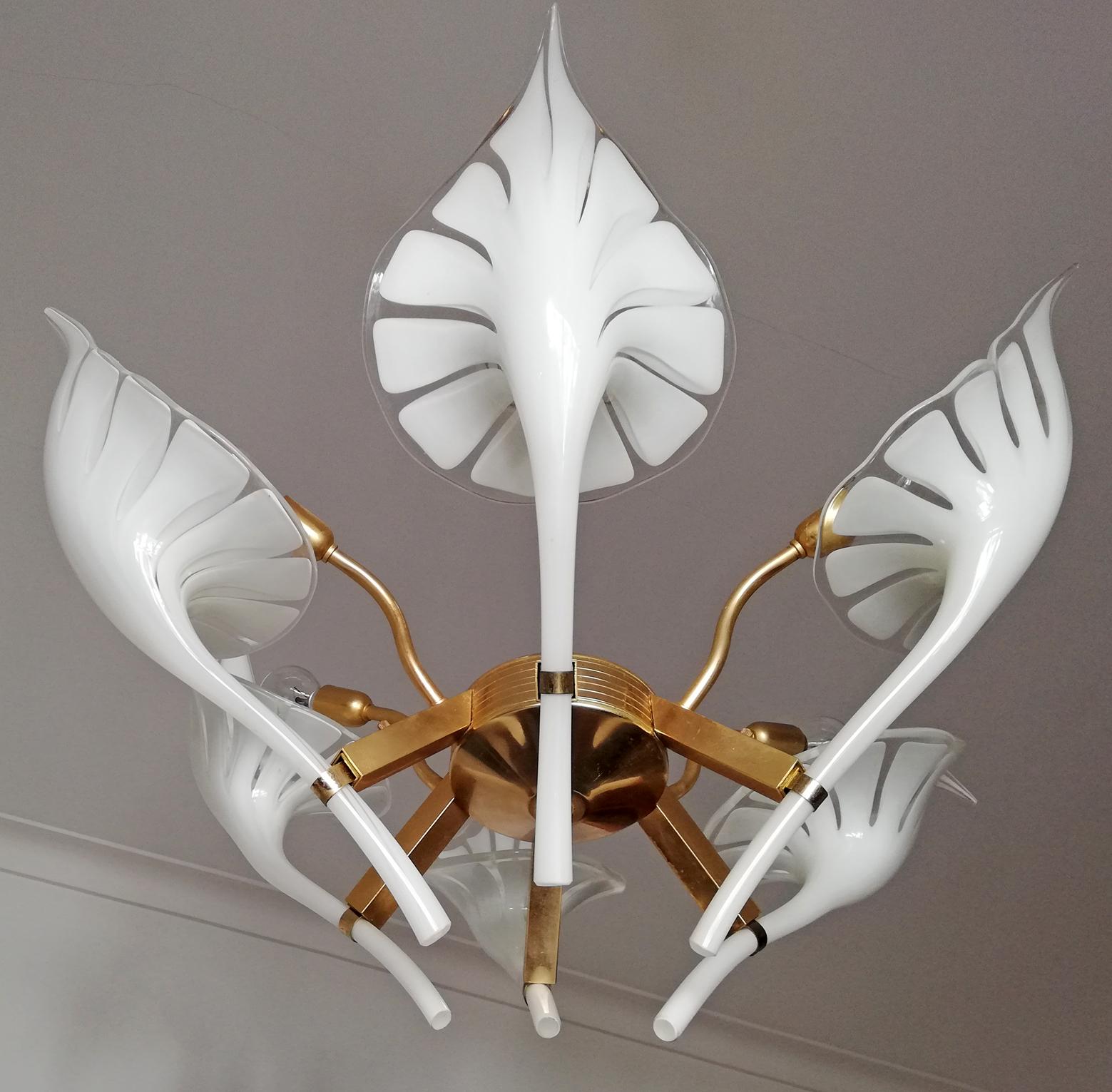 Italian Pair of Murano Calla Lily Chandelier by Franco Luce, Art Glass and Gilt Brass For Sale