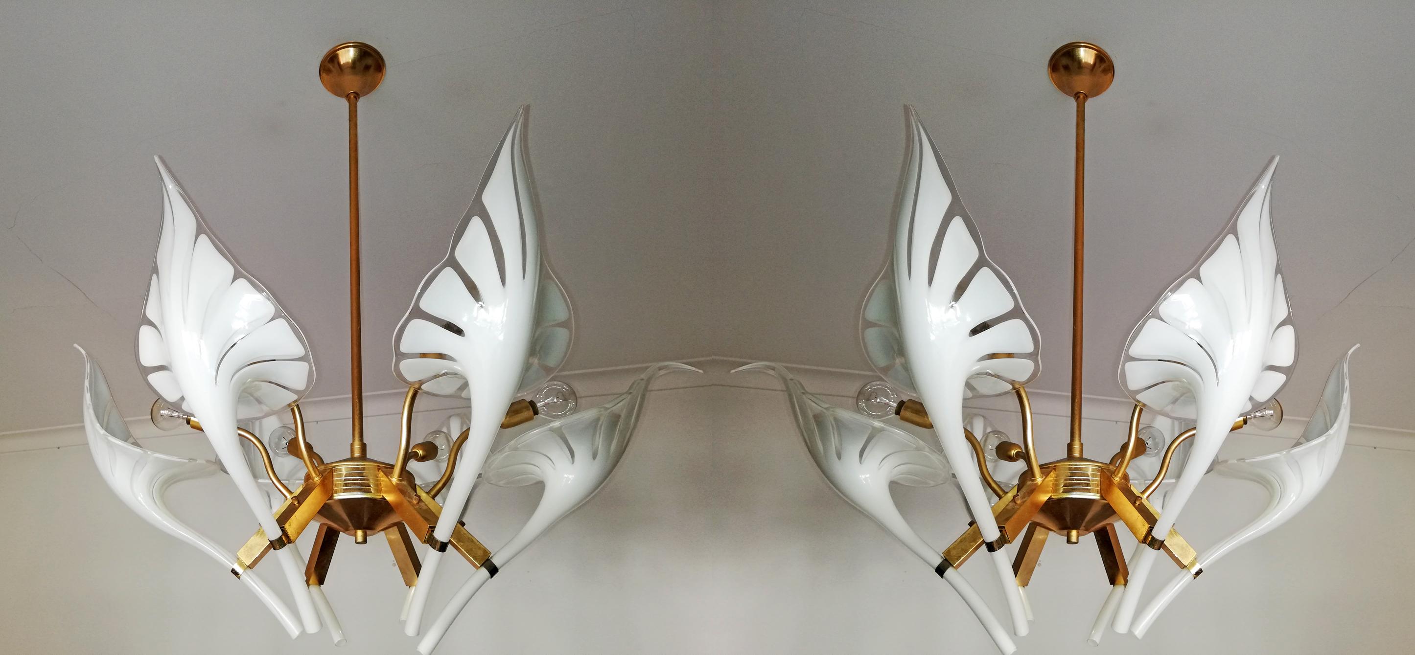 Late 20th Century Pair of Murano Calla Lily Chandelier by Franco Luce, Art Glass and Gilt Brass