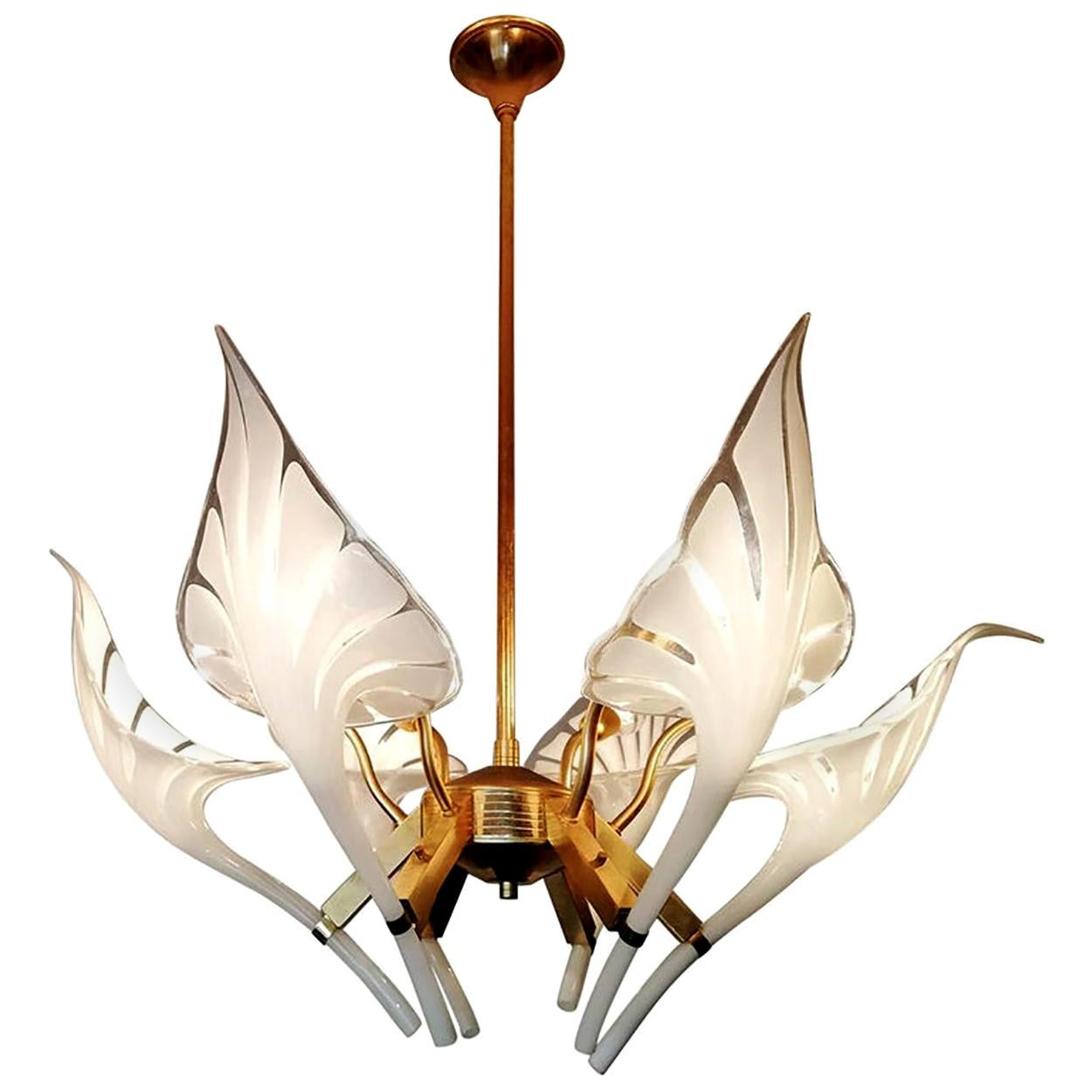 Pair of Murano Calla Lily Chandelier by Franco Luce, Art Glass and Gilt Brass For Sale