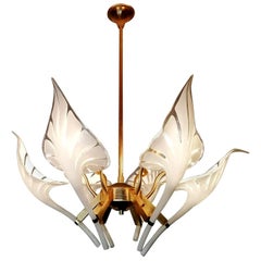 Pair of Murano Calla Lily Chandelier by Franco Luce, Art Glass and Gilt Brass