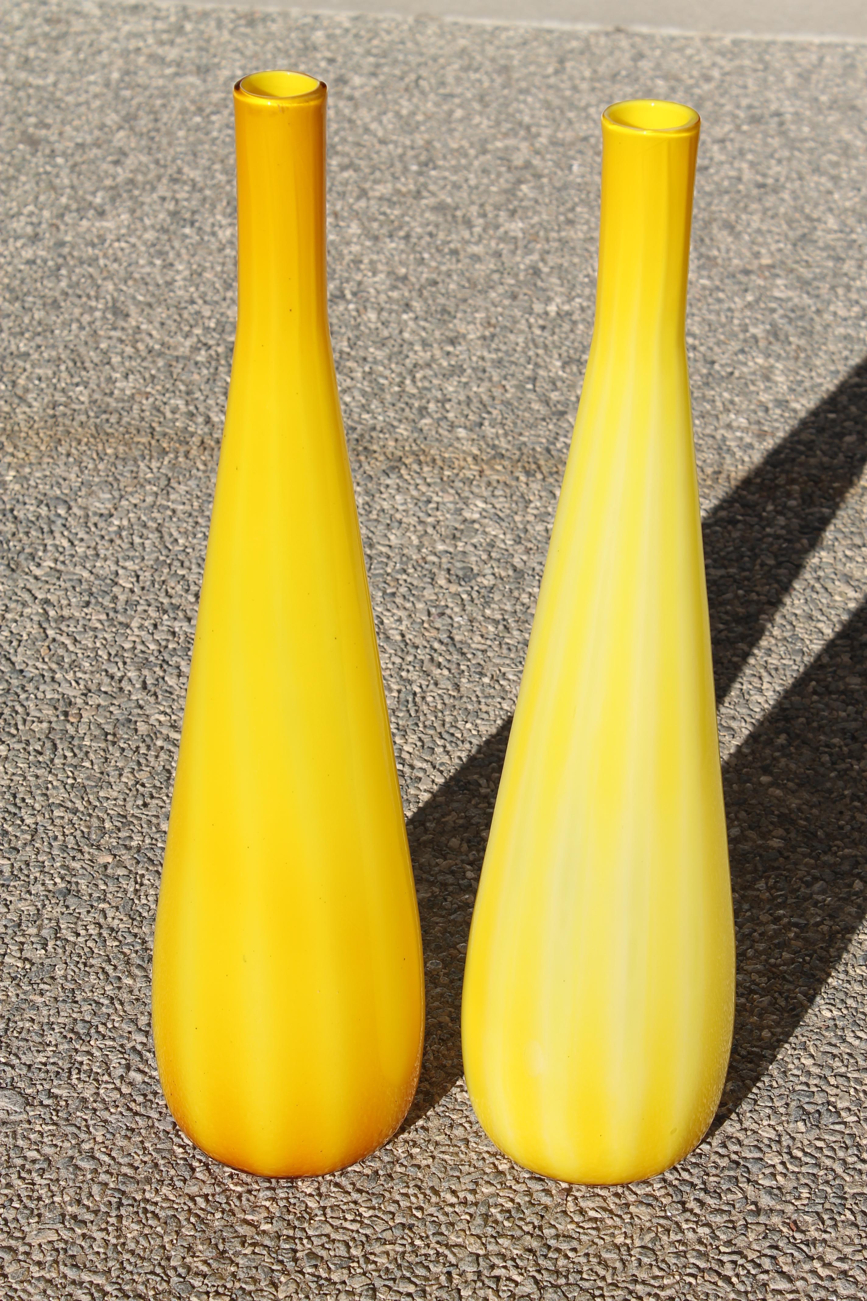 Mid-Century Modern Pair of Murano Cased Glass Yellow Vases For Sale