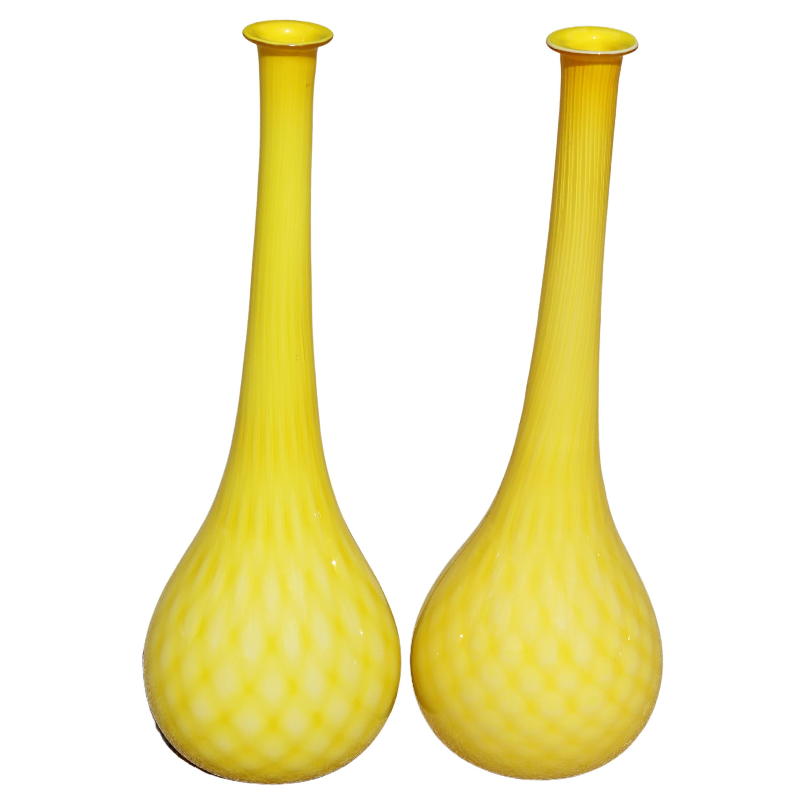 Pair of Murano Cased Glass Yellow Vases For Sale