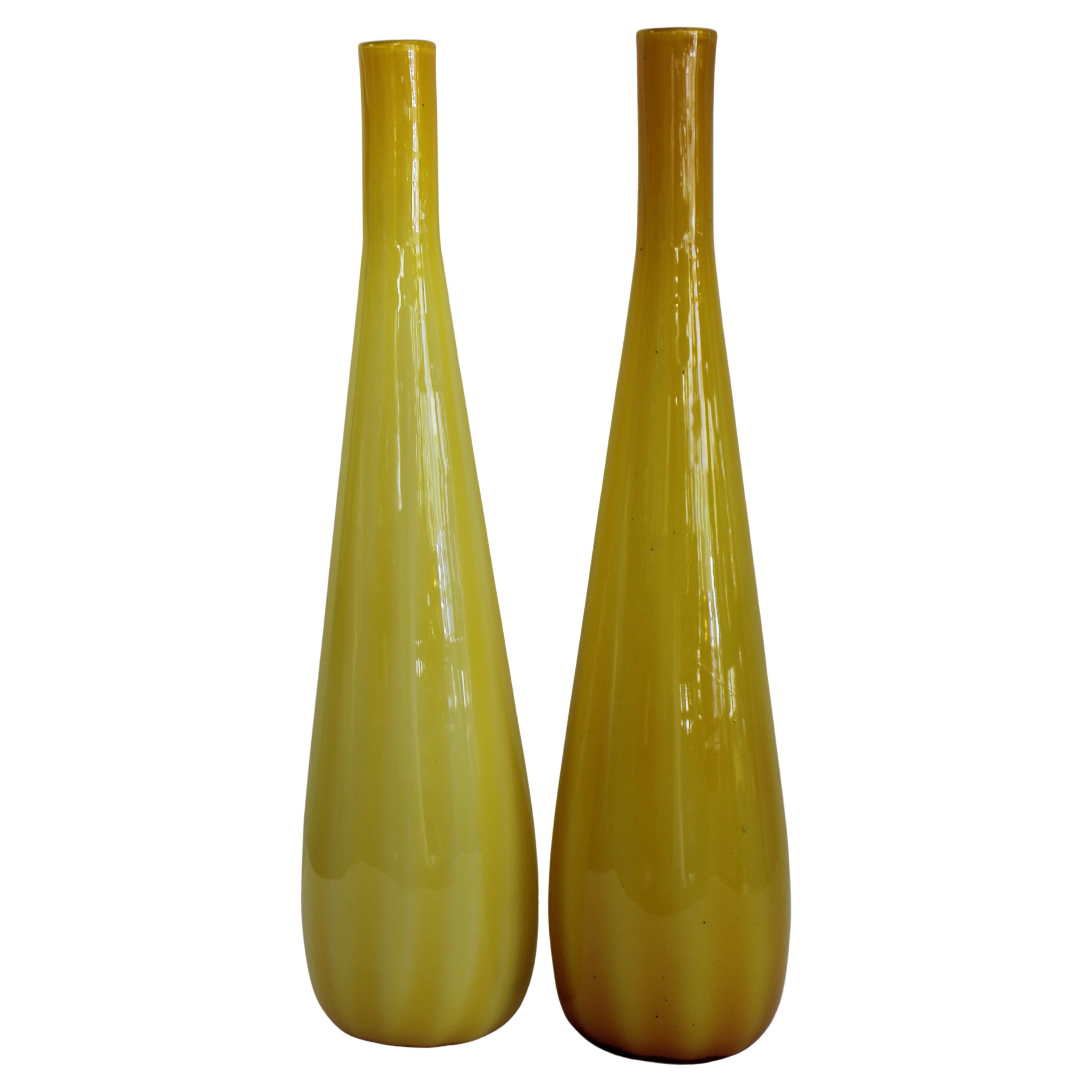 Pair of Murano Cased Glass Yellow Vases For Sale
