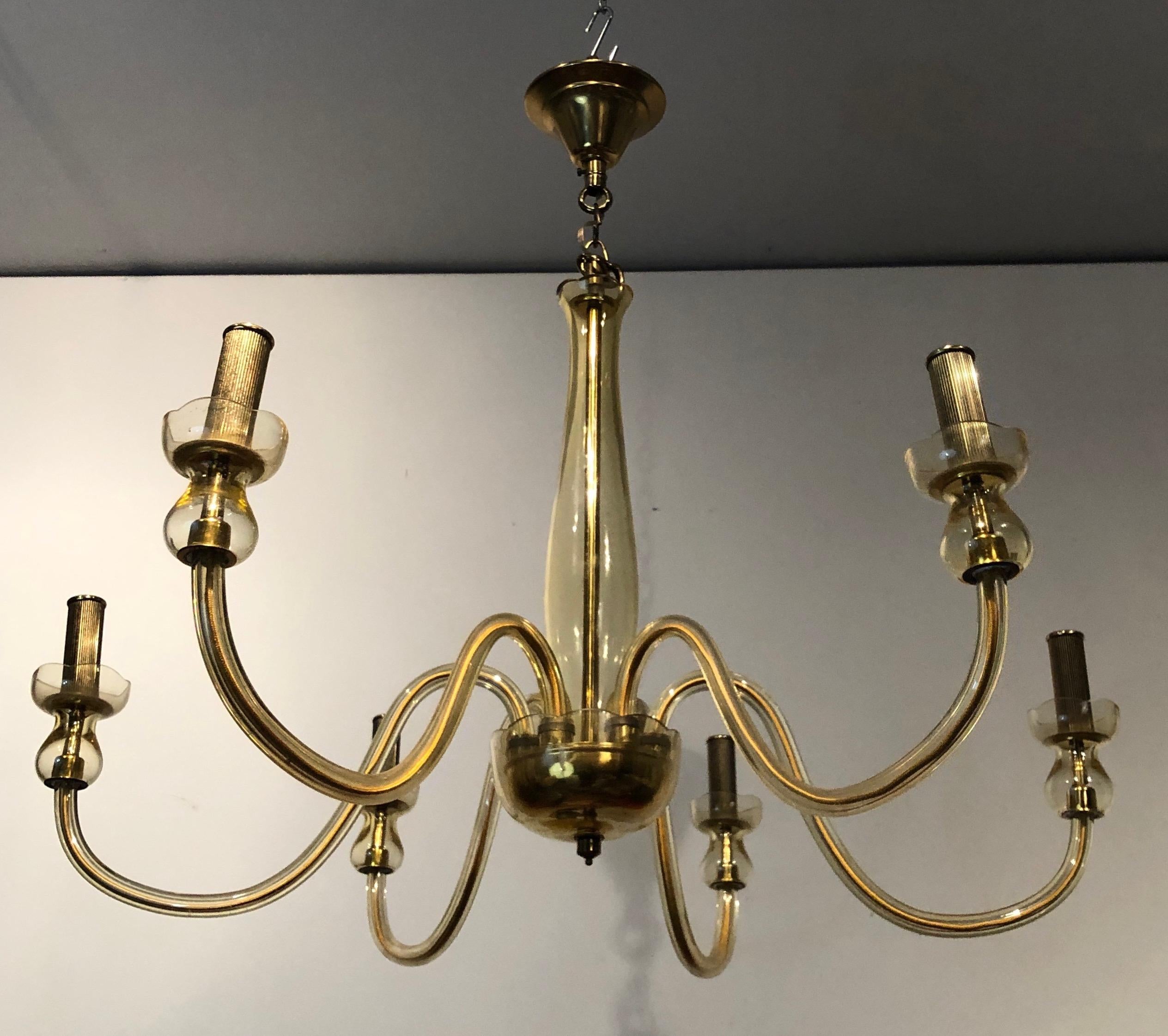 This pair of chandeliers is made of champagne crystal . This is an Italian work form Murano. Circa 1970