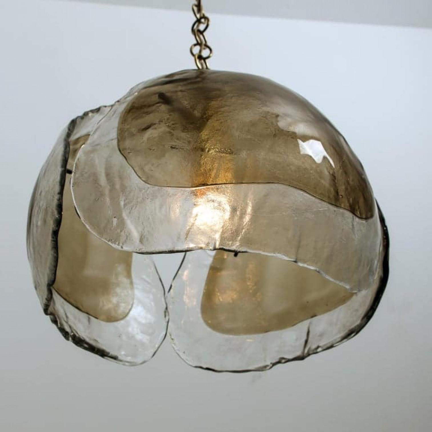 Pair of Murano Chandelier Pendant Lights, Amber Glass and Brass, 1970s For Sale 3