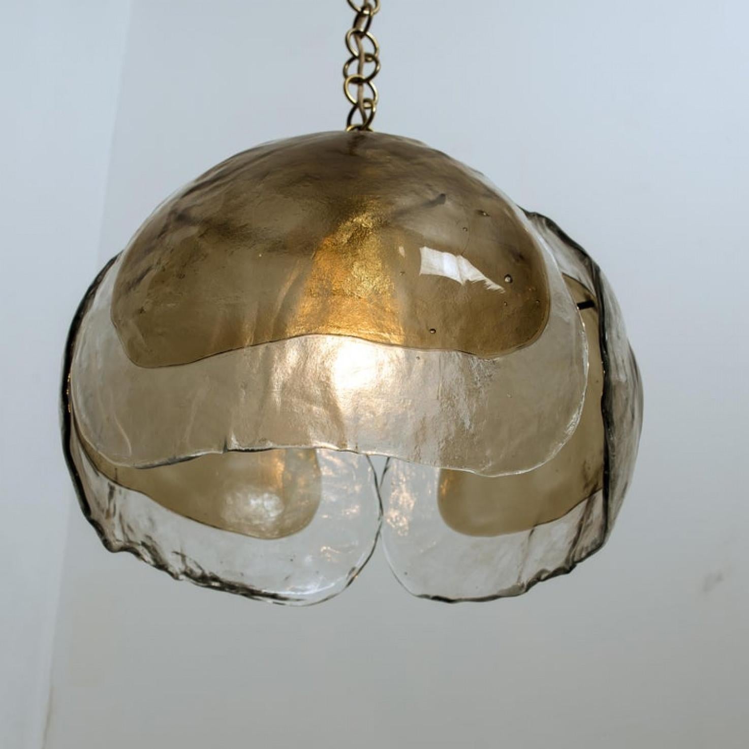 Pair of Murano Chandelier Pendant Lights, Amber Glass and Brass, 1970s 4