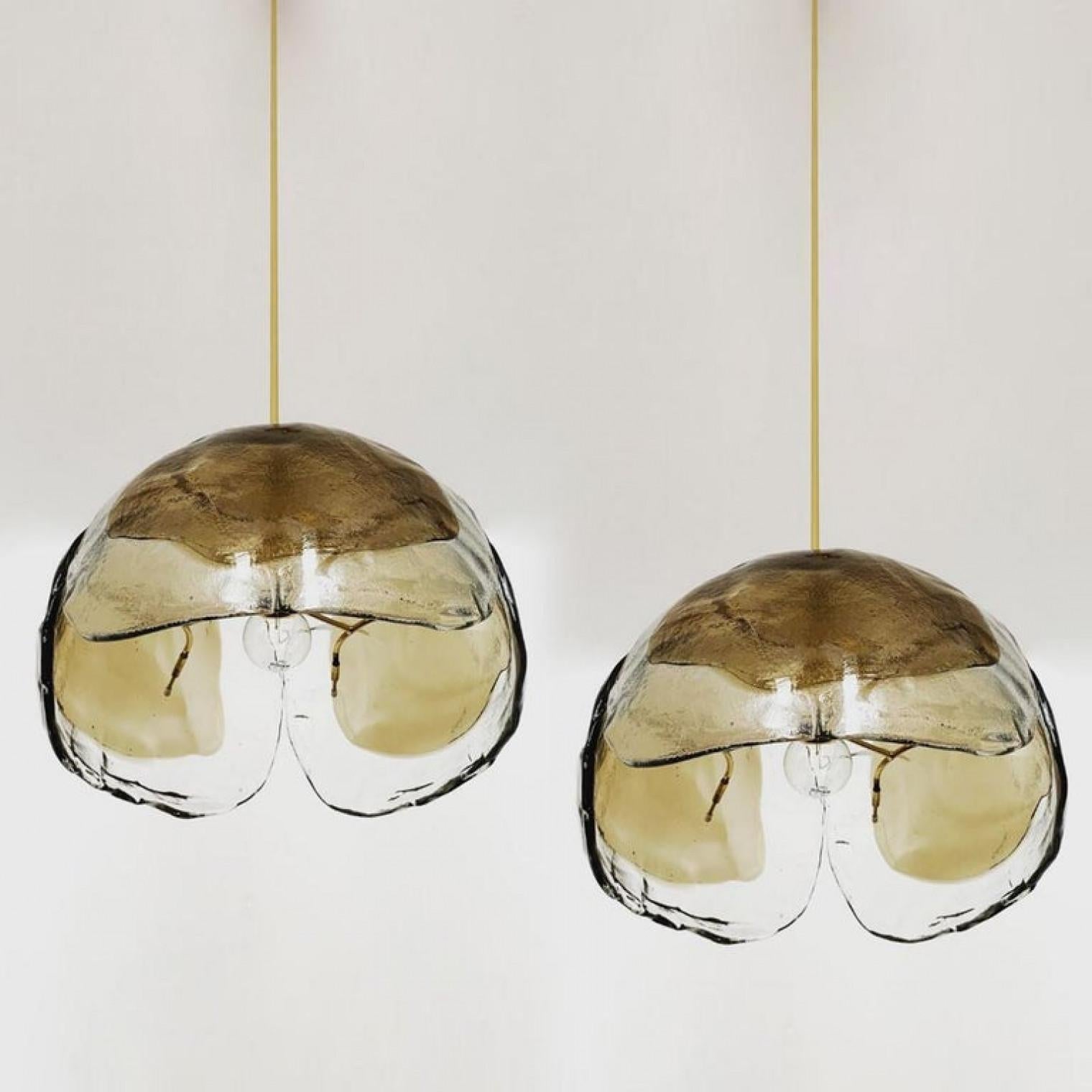 Mid-Century Modern Pair of Murano Chandelier Pendant Lights, Amber Glass and Brass, 1970s For Sale