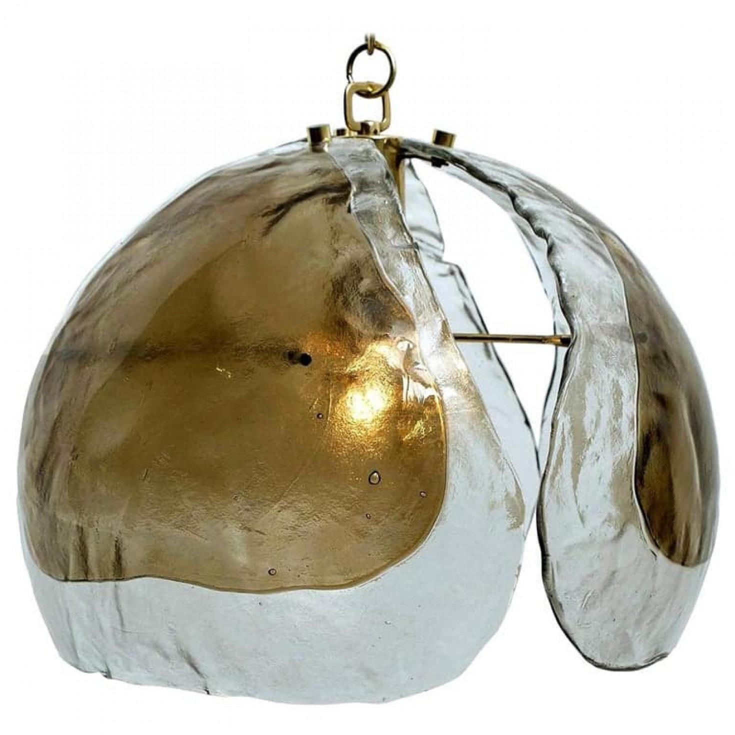 Austrian Pair of Murano Chandelier Pendant Lights, Amber Glass and Brass, 1970s For Sale