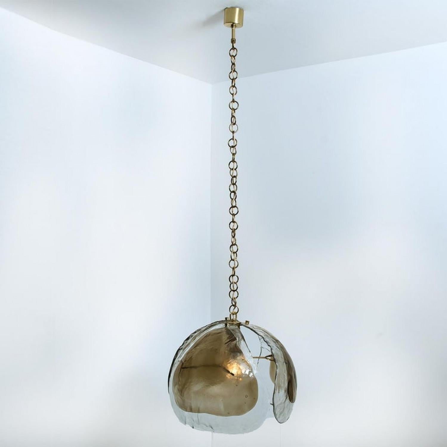 Other Pair of Murano Chandelier Pendant Lights, Amber Glass and Brass, 1970s