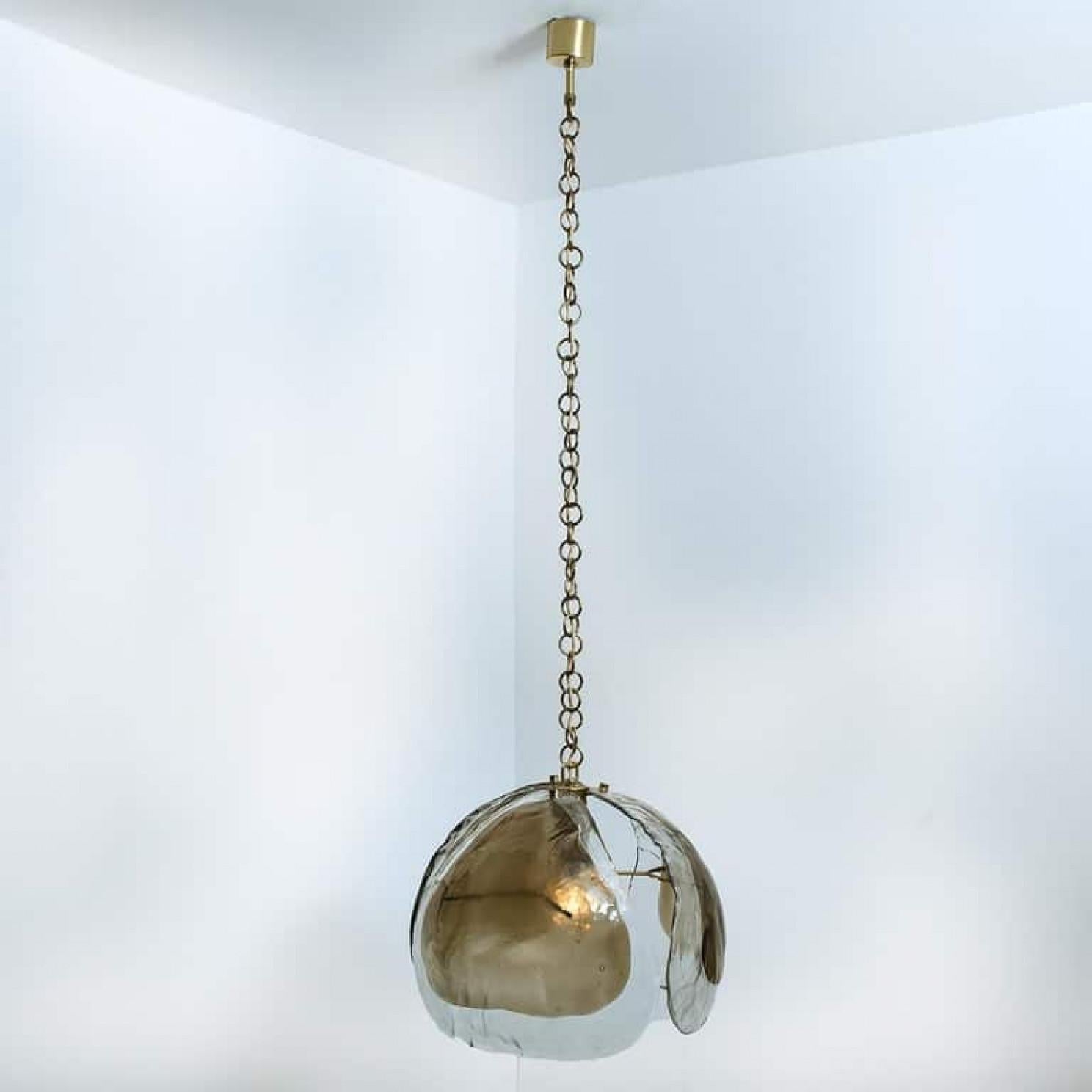 Other Pair of Murano Chandelier Pendant Lights, Amber Glass and Brass, 1970s For Sale