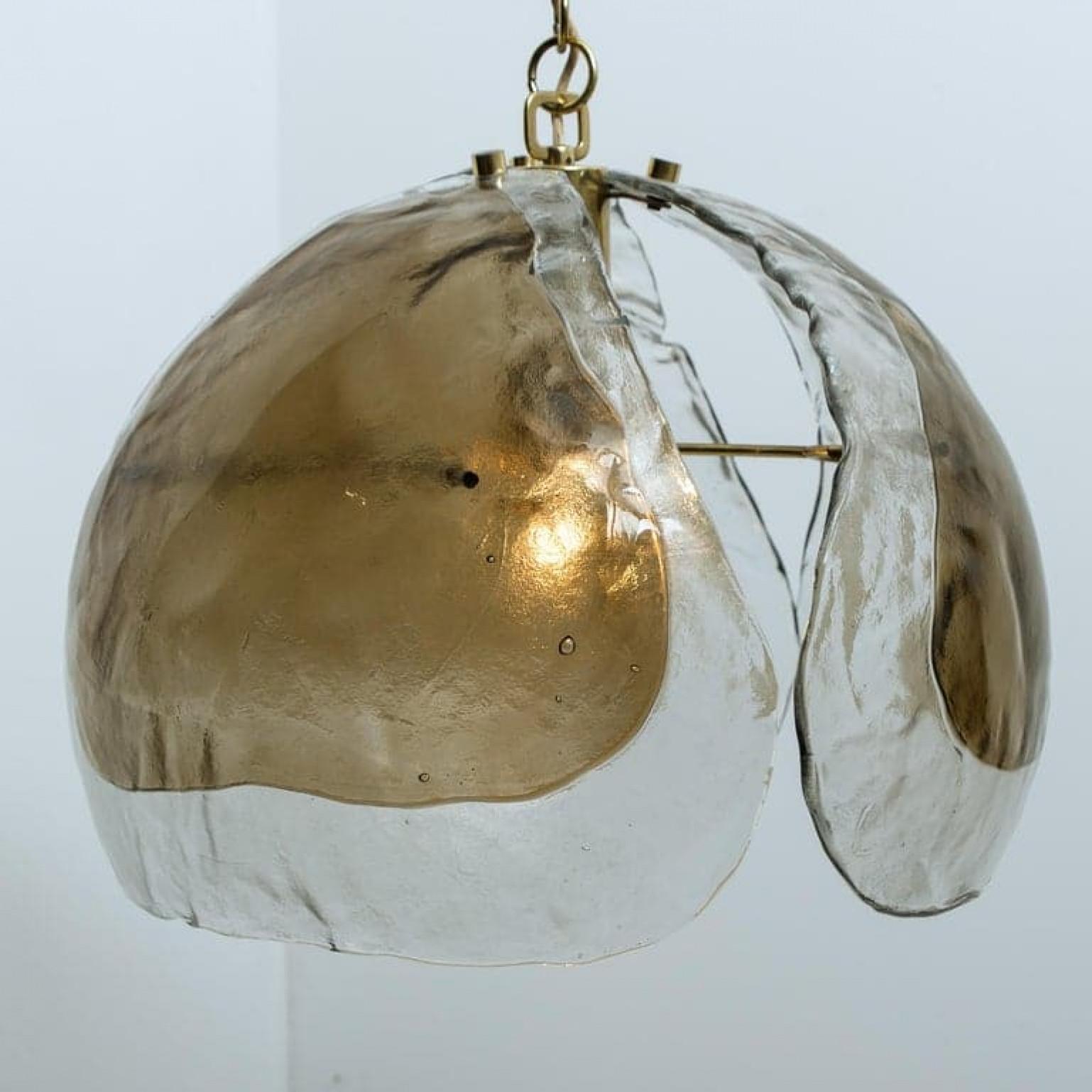 Late 20th Century Pair of Murano Chandelier Pendant Lights, Amber Glass and Brass, 1970s For Sale