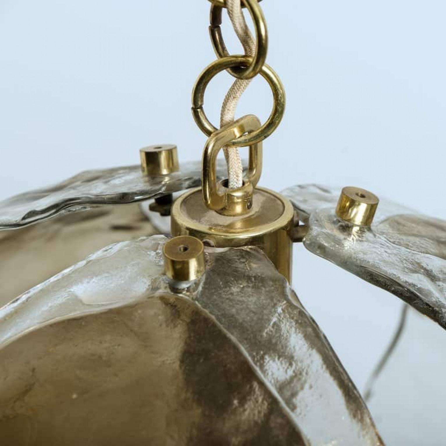 Pair of Murano Chandelier Pendant Lights, Amber Glass and Brass, 1970s For Sale 1