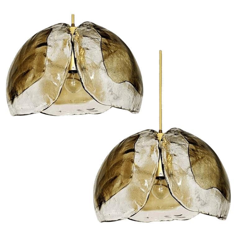 Paire de lustres-lampes Murano, verre ambré et laiton, années 1970