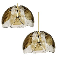 Paar Murano Kronleuchter Pendelleuchten, Bernsteinglas und Messing, 1970er Jahre