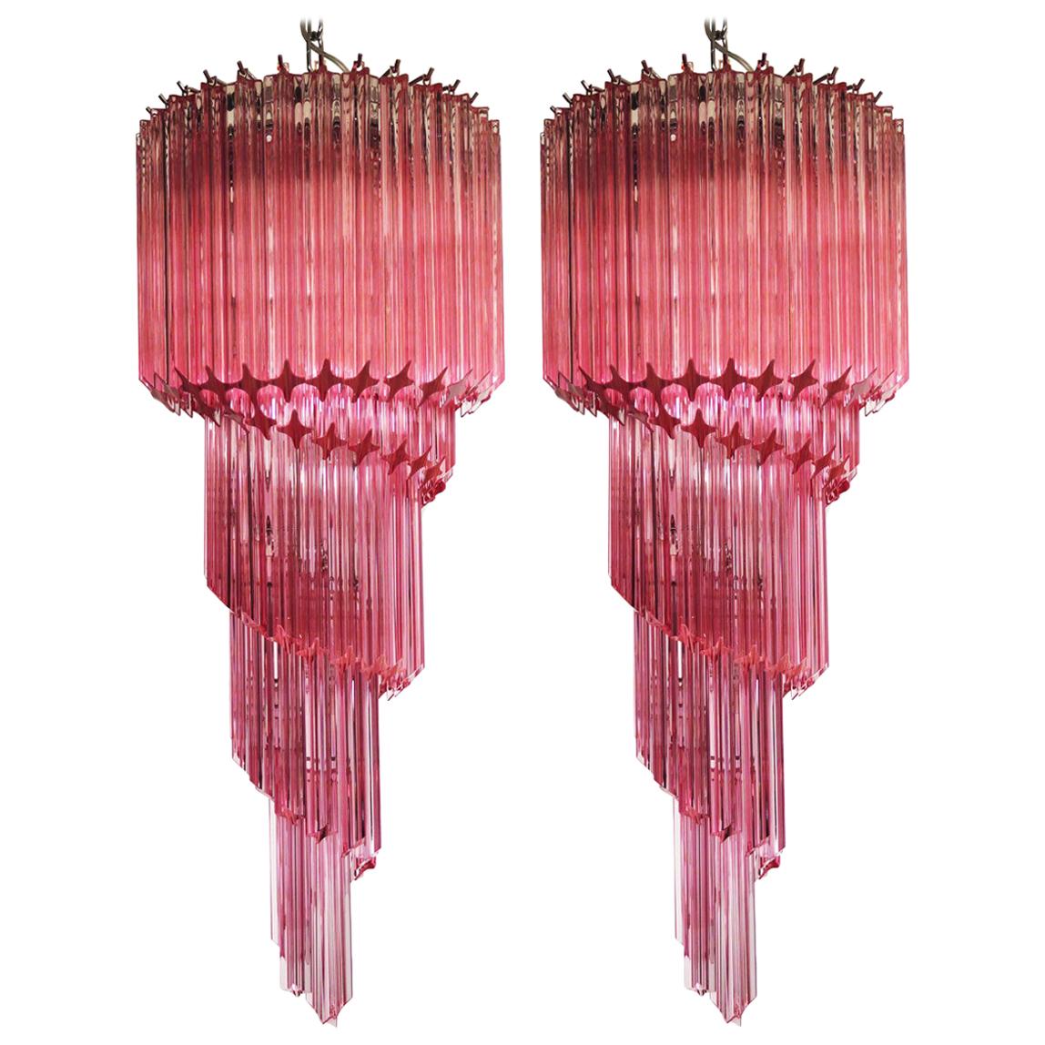 Pair of Murano Chandeliers 86 Crystal Pink Prism, Murano For Sale