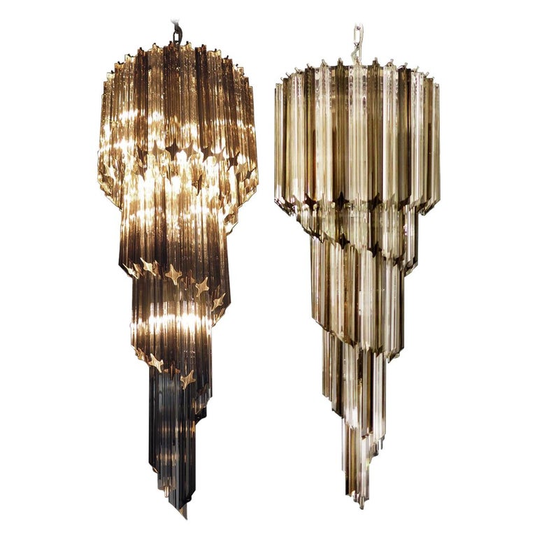 Pair of Murano Chandeliers 86 Trasparent and Smoked Quadriedri Prism, Murano For Sale