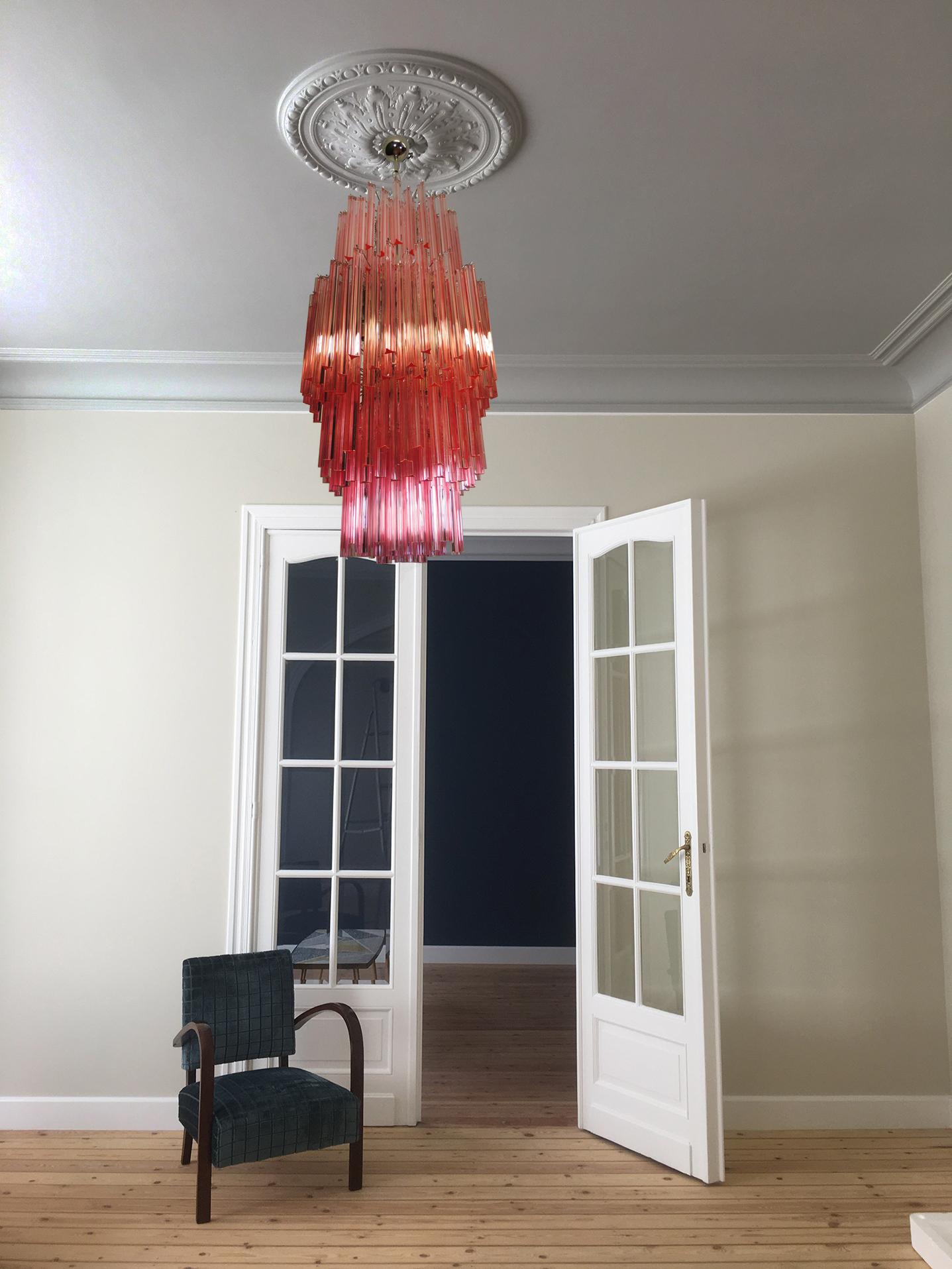 Pair of Murano Chandeliers Made by 242 Murano Crystal Pink Prism 'Triedri' 6