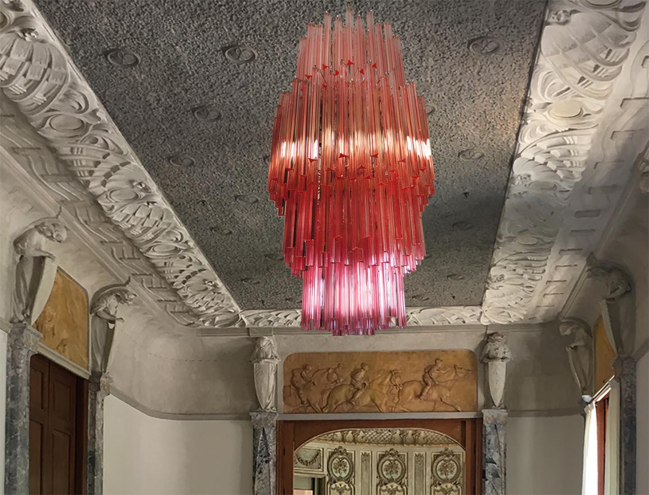 Pair of Murano Chandeliers Made by 242 Murano Crystal Pink Prism 'Triedri' 8