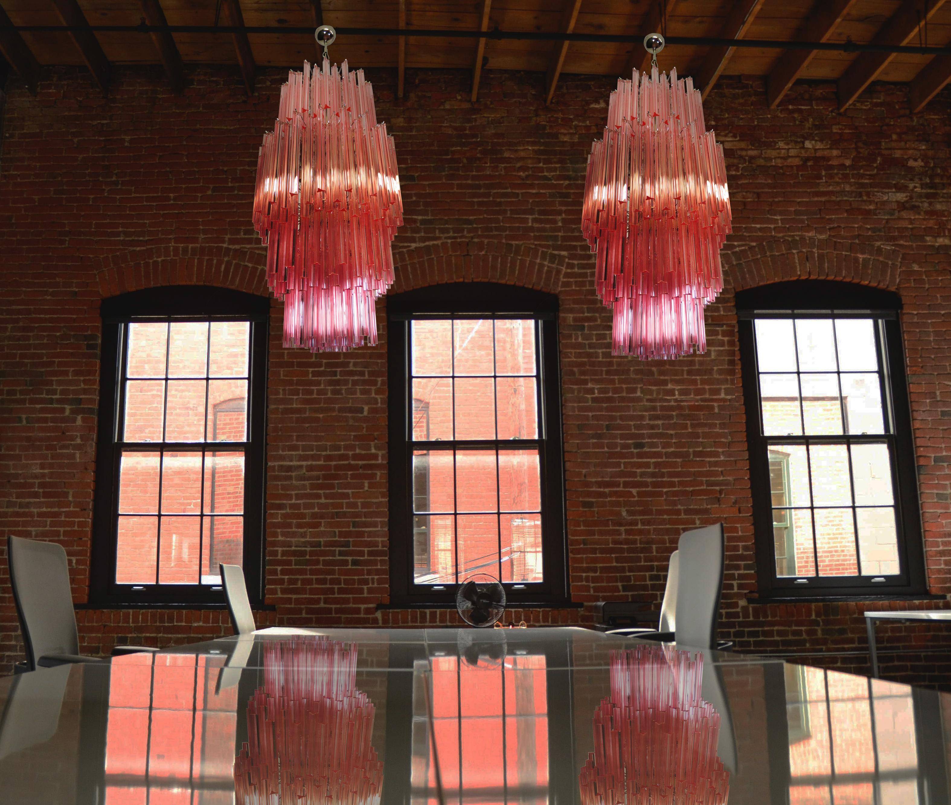 Italian Pair of Murano Chandeliers Made by 242 Murano Crystal Pink Prism 'Triedri'