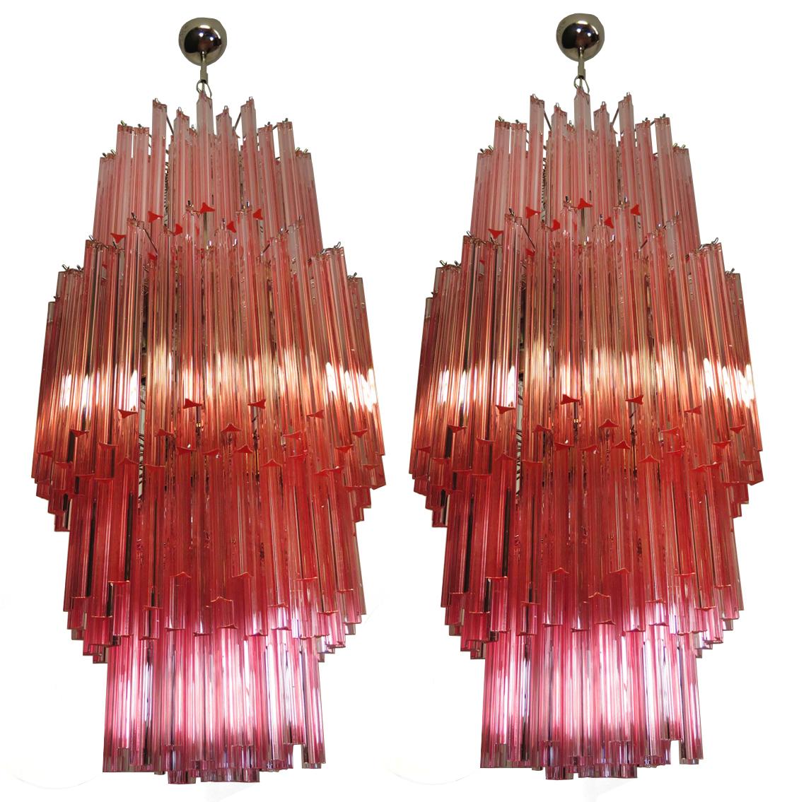 Pair of Murano Chandeliers Made by 242 Murano Crystal Pink Prism 'Triedri' 1