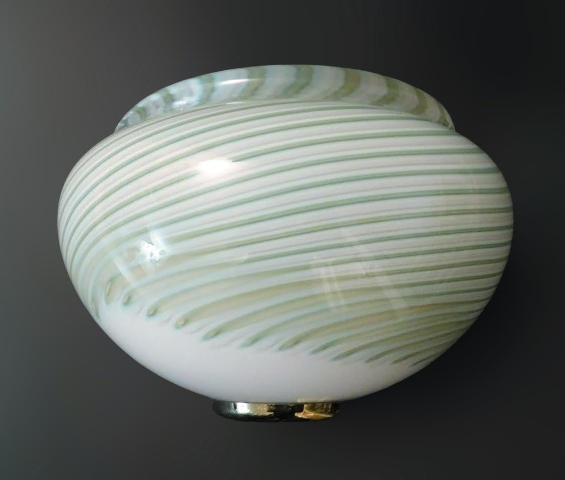 Vintage Italian wall light with milky white Murano glass shade decorated with green lines / made in Italy by Luci Muranesi circa 1960s
Original label on the glass
Measures: height 7 inches, width 10 inches, depth 5 inches
1 light / E26 or E27 type /
