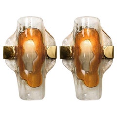 Pair of Murano Clear and Orange Glass Wall Lights, 1970s (Copy)