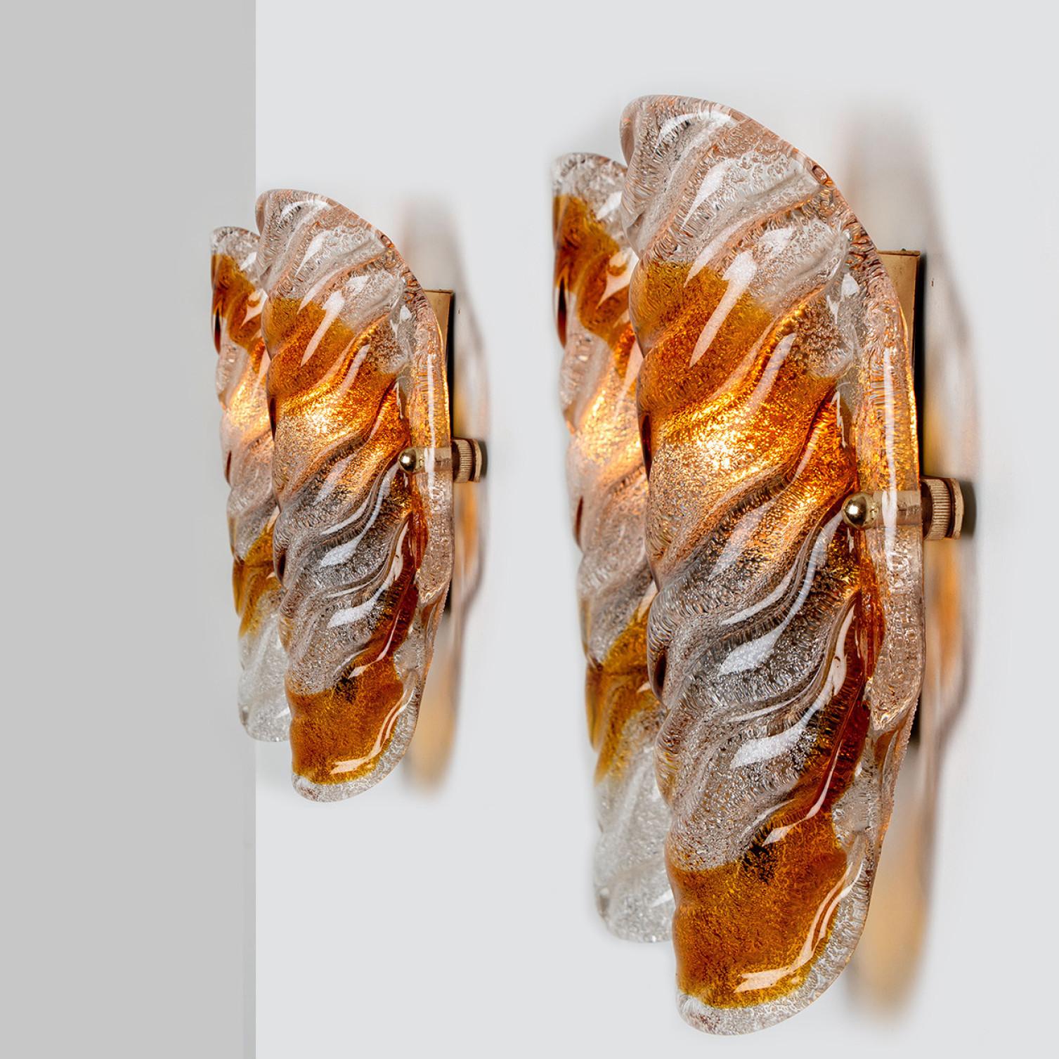 Pair of Murano Clear and Orange Glass Wall Lights, 1970s For Sale 2