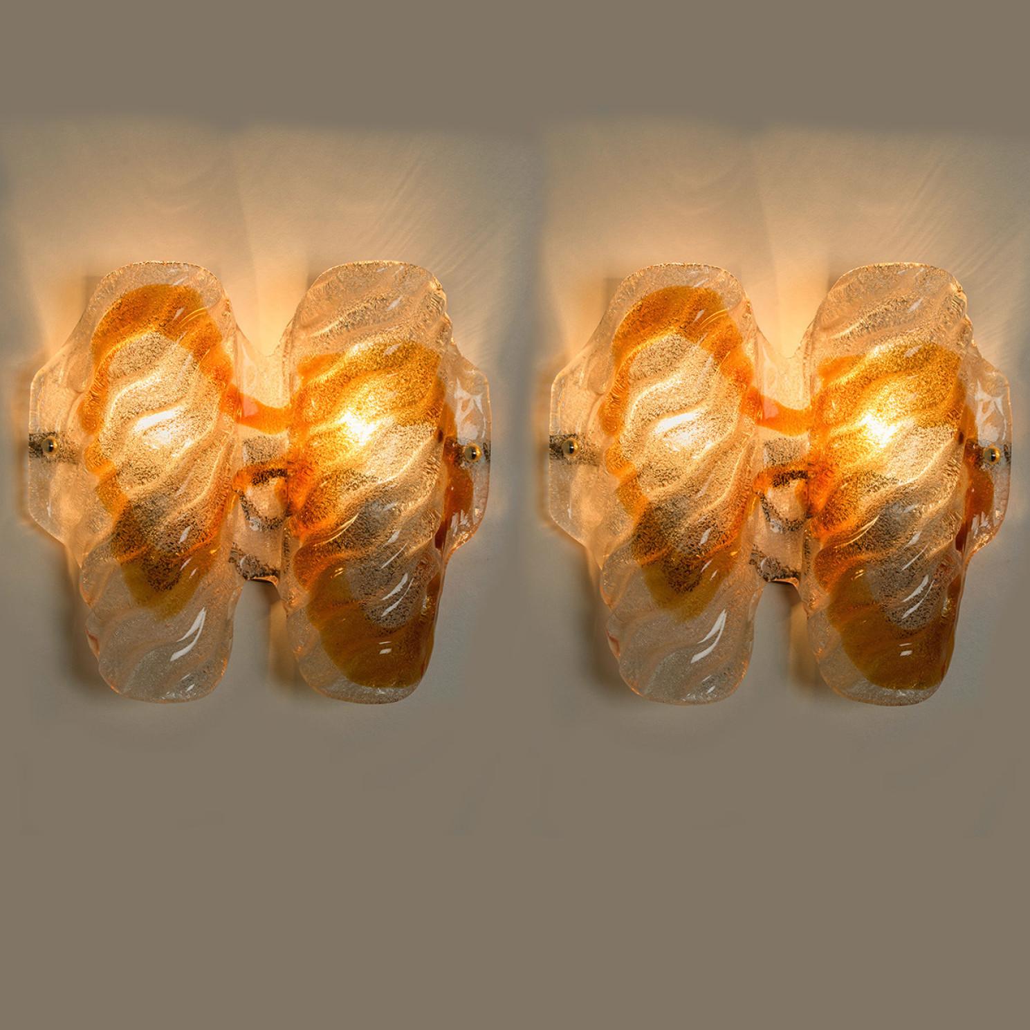 Pair of Murano Clear and Orange Glass Wall Lights, 1970s For Sale 3