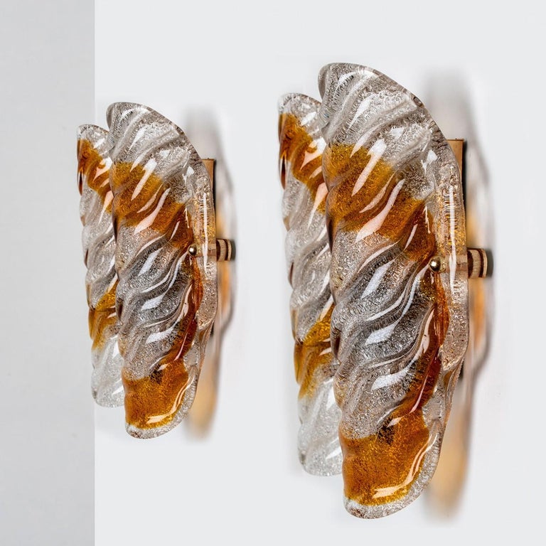 Pair of Murano Clear and Orange Glass Wall Lights, 1970s For Sale at