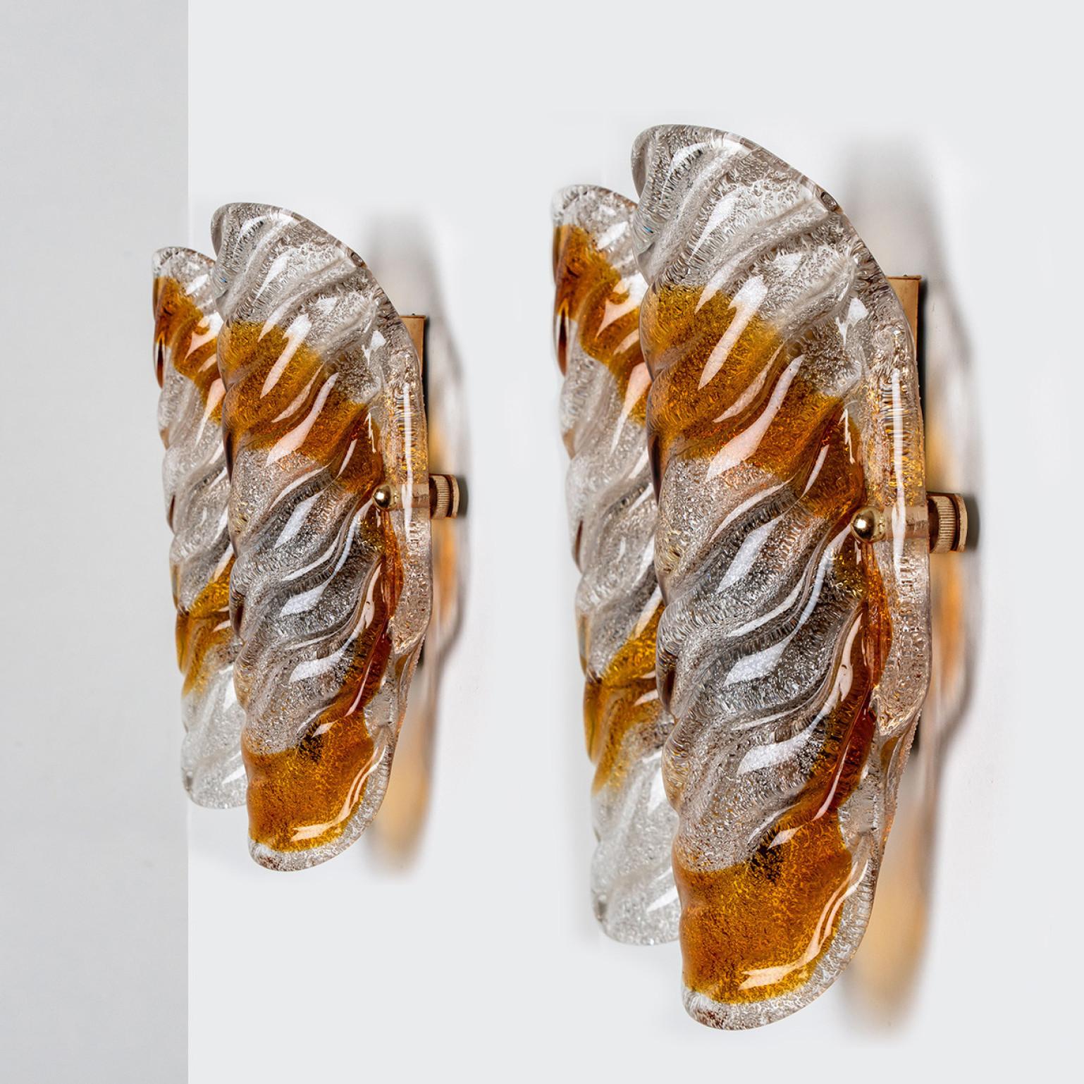 German Pair of Murano Clear and Orange Glass Wall Lights, 1970s For Sale